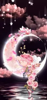 Mystical moon with pink flowers and clouds wallpaper.