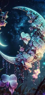 Mystical crescent moon with flowers against a starry night sky.