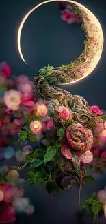 Mystical crescent moon with floral design in dark blue background.