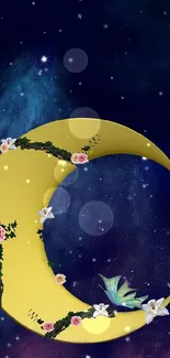 Floral crescent moon with cosmic sky background.