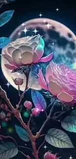 Ethereal roses against a moonlit background on dark mobile wallpaper.