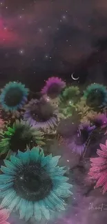 Mystical night wallpaper with vibrant flowers and cosmic background.