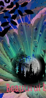 Mystical floral design with teal hues and silhouette of forest at night.