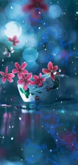 Mystical bokeh-lit night wallpaper with delicate pink flowers.