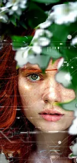 Woman with red hair amidst green leaves and white flowers in mystical portrait.