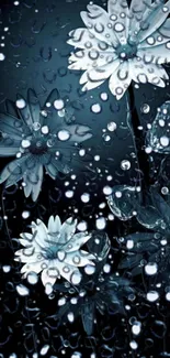 Mystical blue flowers with raindrops wallpaper.