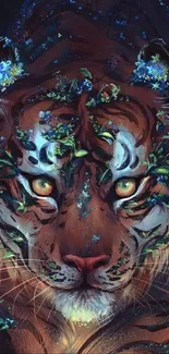 Intricate tiger artwork with floral accents and dark tones.