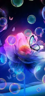 Mystical flower with butterfly amidst glowing bubbles on a blue-hued background.