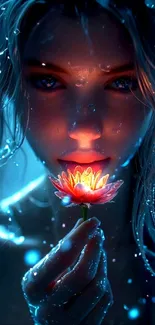 A mystical scene with a glowing flower and a mysterious figure in a blue background.