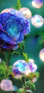 Vibrant purple flower with glowing orbs.