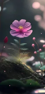 Mystical pink flower on forest floor, lush greenery.