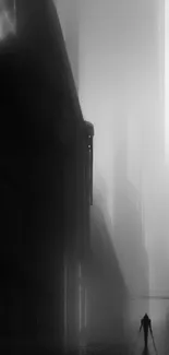 Dark foggy cityscape with silhouetted figure.