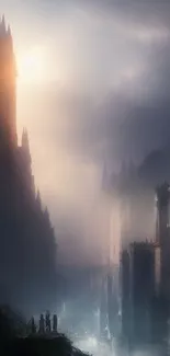 Mystical foggy cityscape with dramatic dusk lighting.