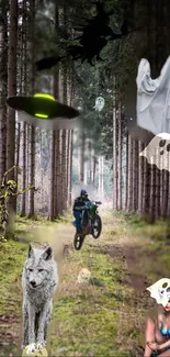 Mystical forest wallpaper with ghosts, UFO, wolf, and motorcyclist.