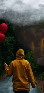 Person in yellow jacket holding red balloons in a mystical dark forest.