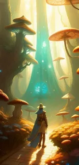 A mystical forest with glowing mushrooms and a lone wanderer in vibrant colors.