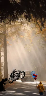 Mystical forest path with van and artistic elements under autumn light.