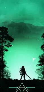 Silhouetted hero in teal forest landscape.