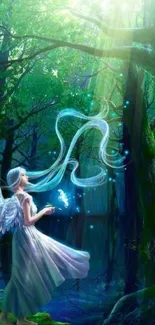 Mystical forest with angelic figure and luminescent light in the greenery.