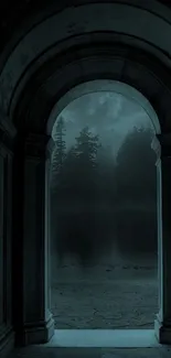 A mystical forest view through an ancient archway at night.