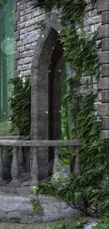 Mystical forest wallpaper with ivy-covered stone archway.