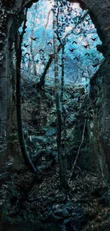 Mystical stone archway opening to an enchanting forest scene.