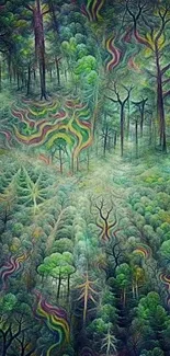 Mystical forest landscape with green trees and colorful patterns.