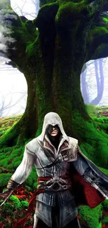 Assassin stands in lush green forest under a giant tree.