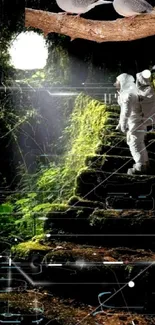 Astronauts on forest stairs with doves, mystical nature scene.