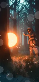 Astronaut in a mystical forest with glowing orb.