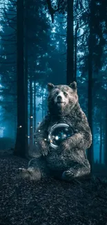 Bear in mystical forest with glowing orb, dark trees background.