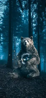 Bear with glowing orb in mystical forest wallpaper.