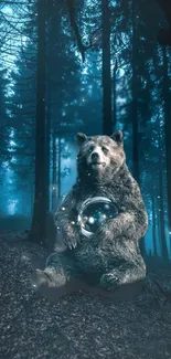 Bear holding orb in mystical forest with teal ambiance.