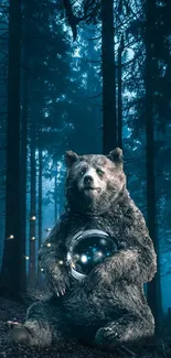 Mystical bear with globe in a teal blue forest setting.