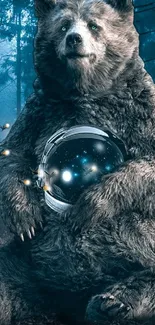 Bear holding orb in mystical forest, teal blue ambience.