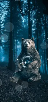 Bear in a mystical teal forest holding a glowing orb.