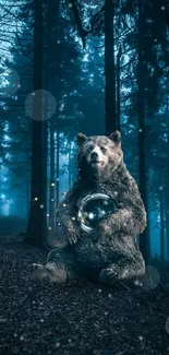 Bear with glowing orb in a mystical dark forest.