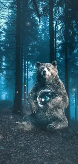 Bear holding a glowing orb in a mystical forest setting wallpaper.