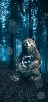 Mystical bear holding a glowing orb in a dark forest.