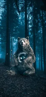 Bear in mystical forest holding a glowing orb, surrounded by tall trees at night.