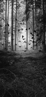 Black and white forest with flying birds in serene scene.