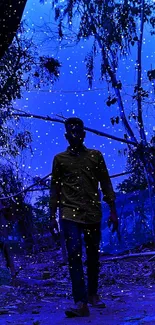 Man walking in blue-lit mystical forest setting.