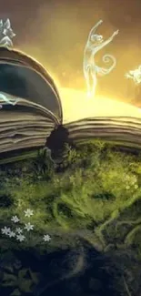 Magical forest book with glowing spirits in lush greenery and mystical light.