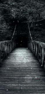 Mystical forest bridge wallpaper with dark hues and wooden path.