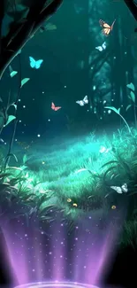 Mystical forest with glowing butterflies and a magical teal ambiance.