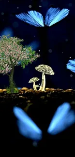 Mystical forest scene with butterflies and mushrooms.