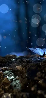 Mystical forest wallpaper with blue butterflies.