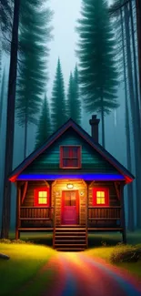 A glowing cabin in a mystical forest setting with towering trees.