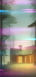 A cozy cabin in a mystical forest with a warm glow and misty surroundings.