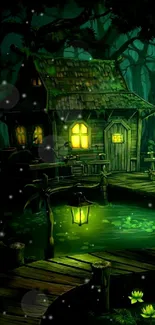 Mystical forest cabin with glowing lights at night.